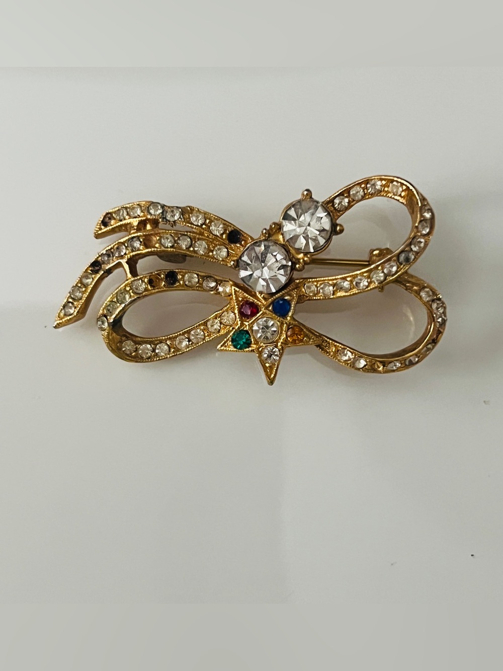 Vintage Fraternal Style Rhinestone Ribbon Brooch Pin | Multicolor Star Accent